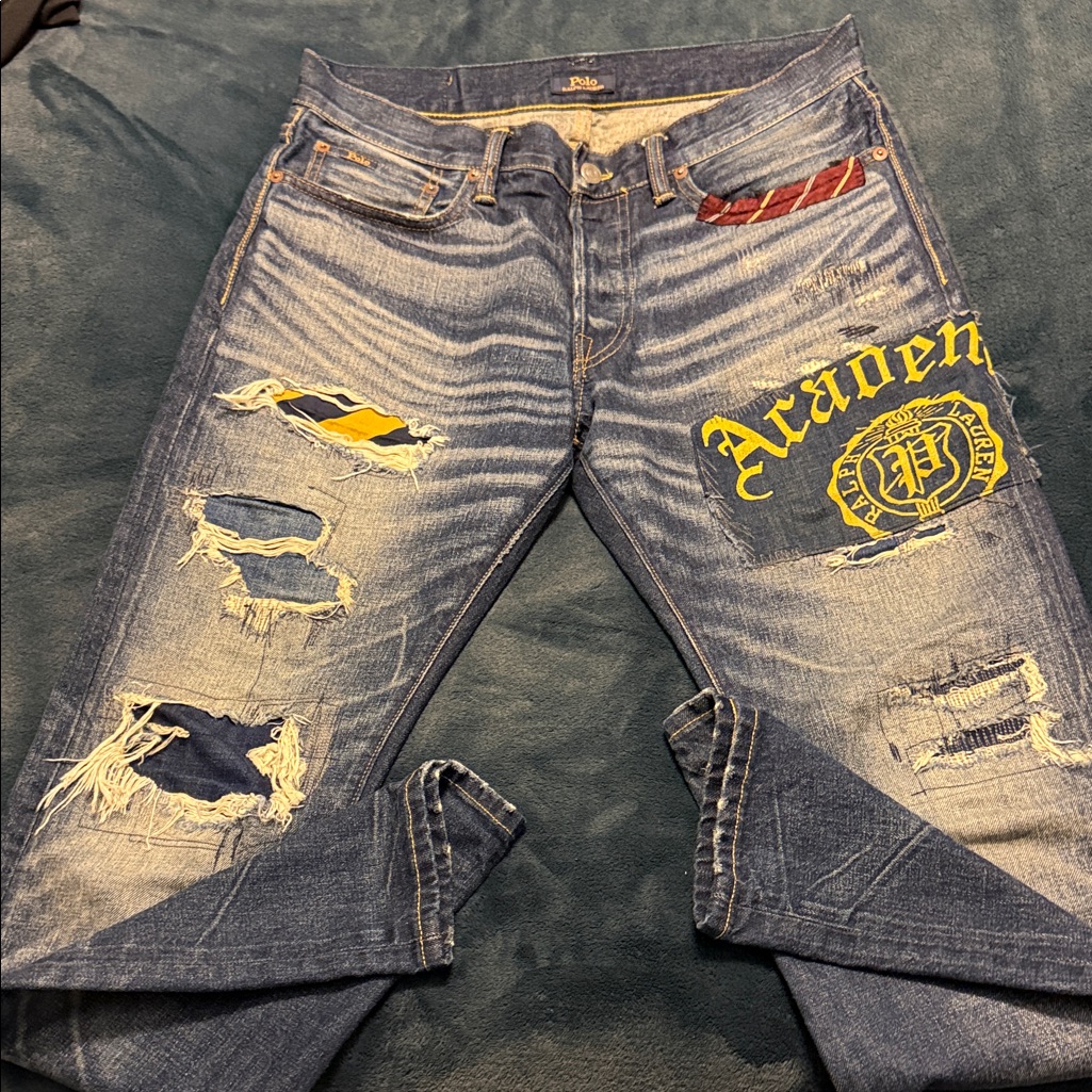 Polo By Ralph Lauren Distressed Blue Denim Jeans W/Yellow Crest Graphic 30x30